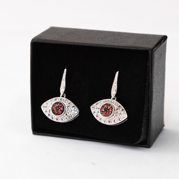 Rarities by Carol Brodie evil eye drop style earrings white topaz & red sapphire - Picture 12 of 14